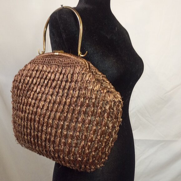 Vintage MM Chocolate Brown Raffia Frame Handbag Brass Handle Made in Italy - Picture 1 of 13